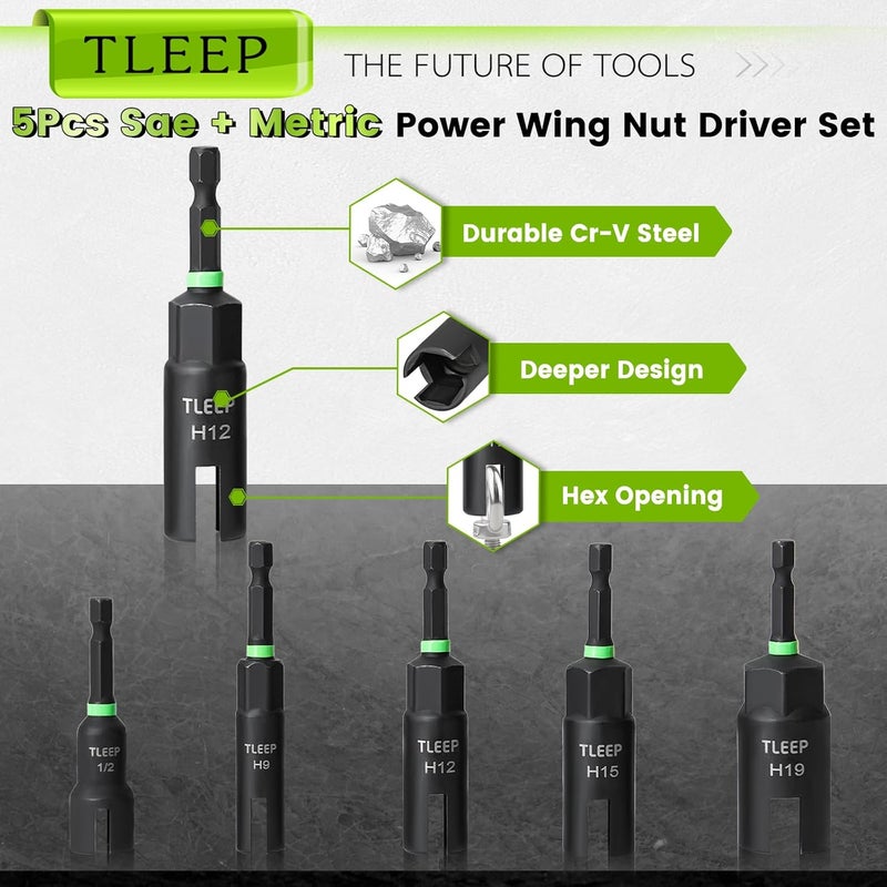 TLEEP Wing Nut Driver 1/2" 9mm 12mm 15mm 19mm and Wire Nut Twister, 1/4" Hex Nut Driver Set for Impact Drill, Hurricane Shutter Hardware for Panel Nuts Screws Bolt Eye C Hook Q-Hanger Wire Twisting - Image 4